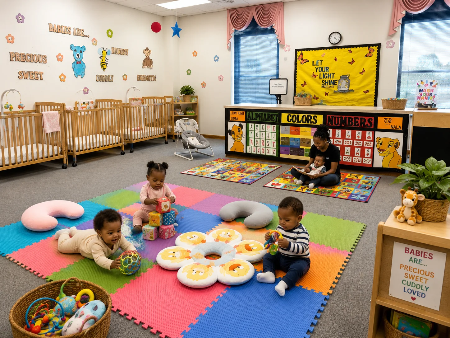 Infant classroom with cribs, colorful play mats, toys, and supervised early learning activities