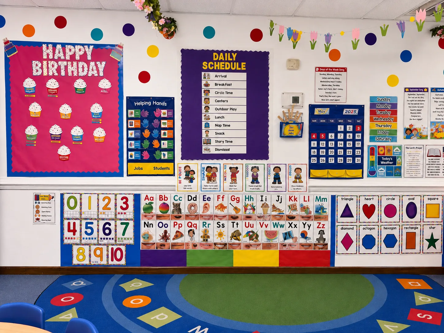 Pre-K classroom wall with calendar, alphabet, number, color, and shape learning materials