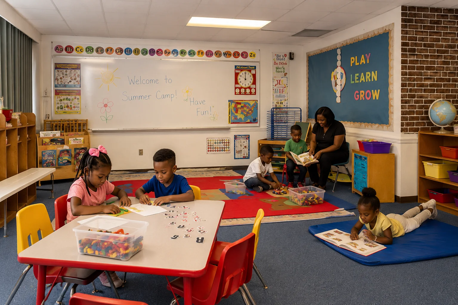 School-age children working with learning materials while a teacher reads with students