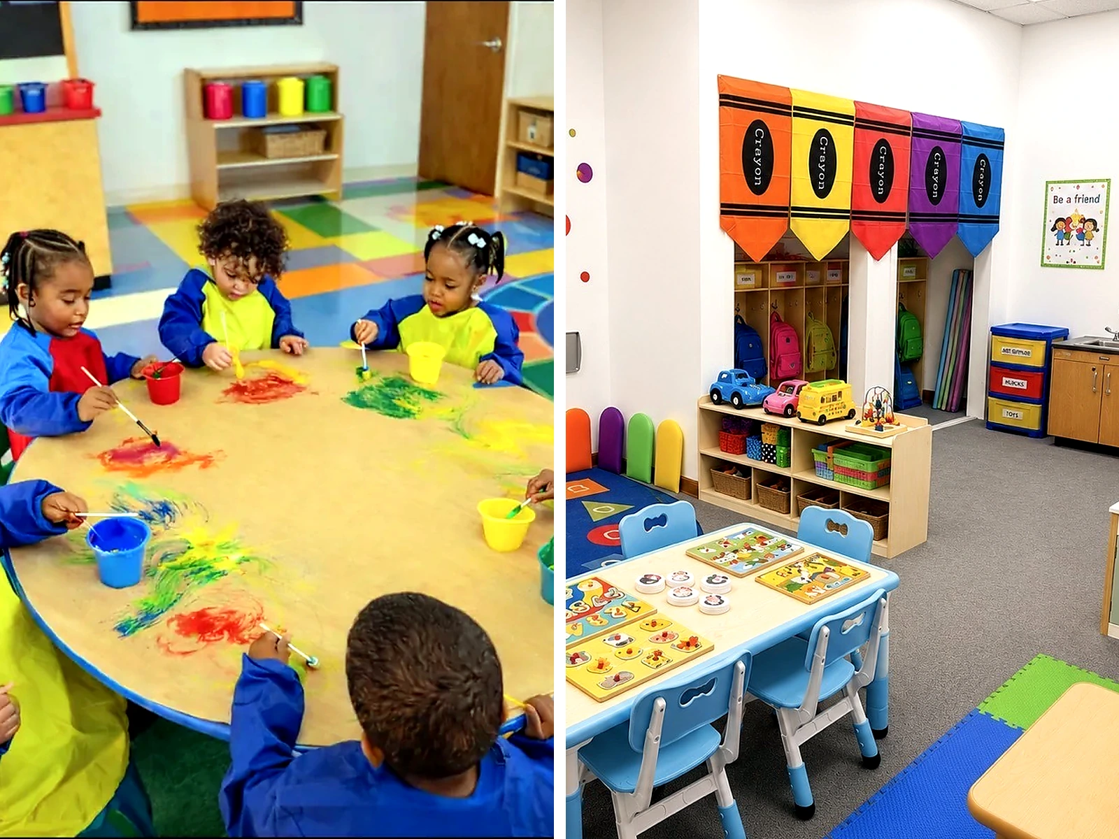 Toddler classroom activity photo paired with a colorful BDLA classroom overview