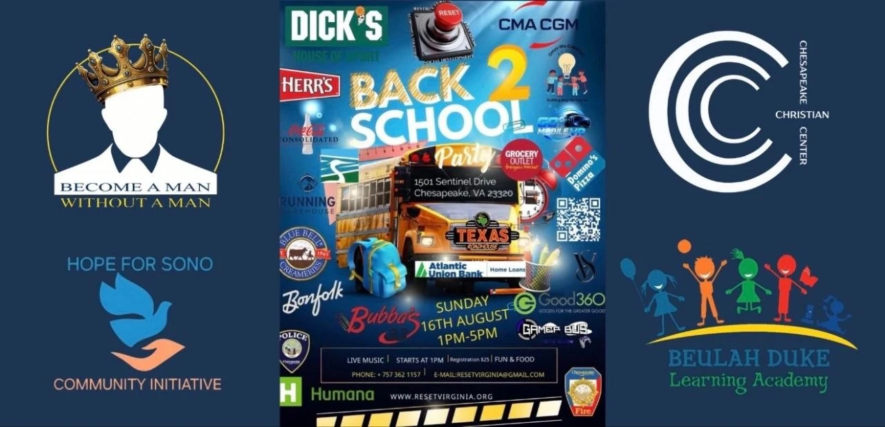 Back 2 School Party flyer for Sunday, August 16, 2026, from 1:00 to 5:00 PM at 1501 Sentinel Drive in Chesapeake, with Beulah Duke Learning Academy and community partner logos