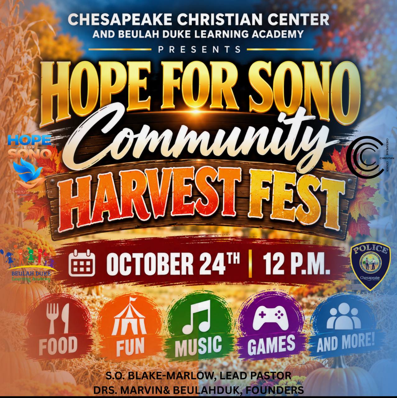 Hope for SONO Community Harvest Fest flyer, presented by Chesapeake Christian Center and Beulah Duke Learning Academy. October 24 at 12 p.m., with food, fun, music, games, and more.